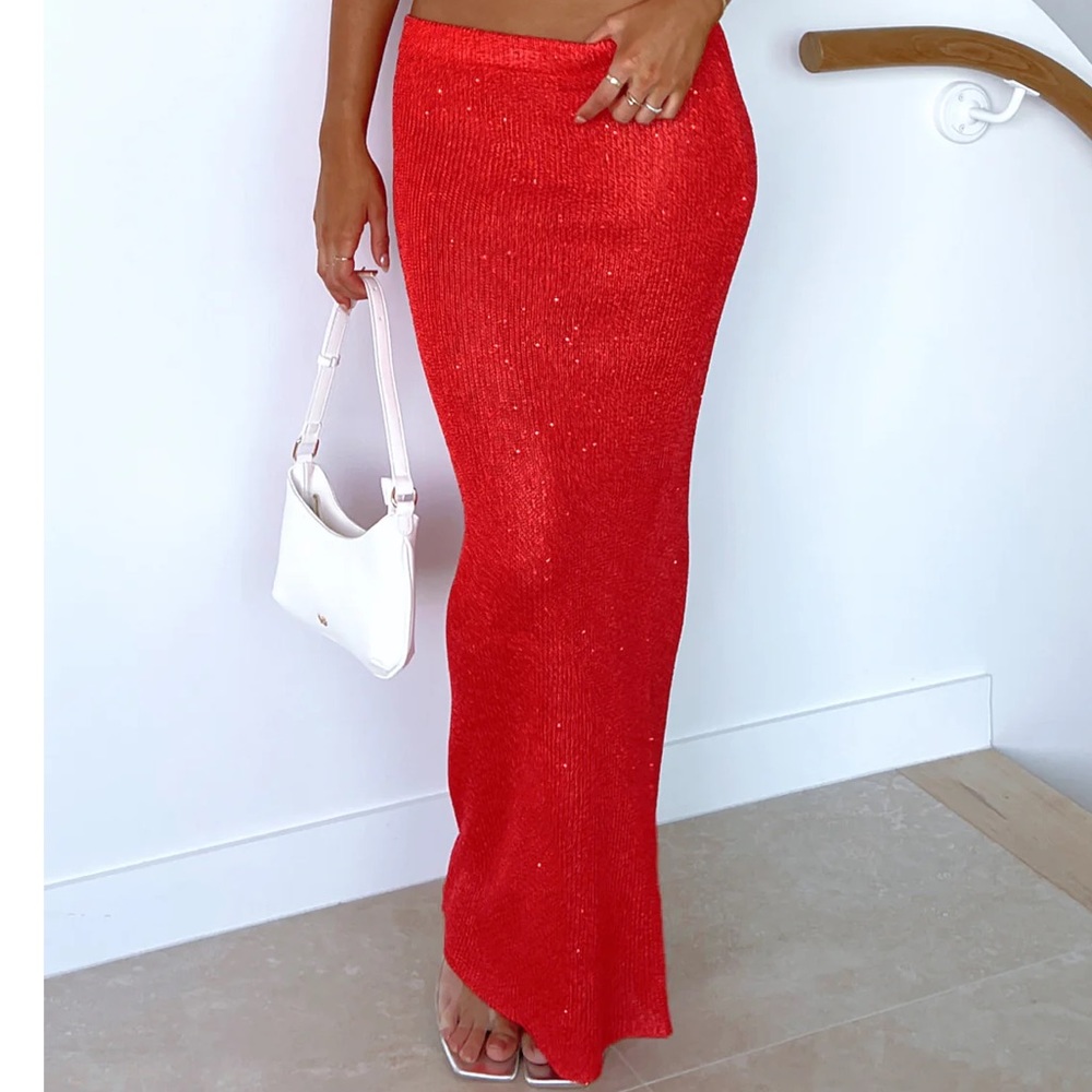 WHITE FOX BOUTIQUE Star Shining Sequin Knit Maxi Skirt Red